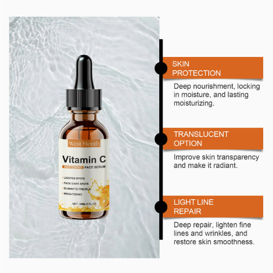 Vitamin C face serum bottle with benefits listed on a textured gray background