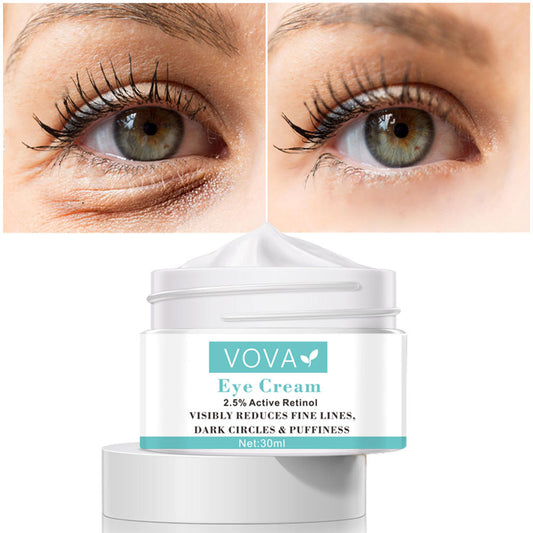 Vova Eye Cream jar with close-up of eyes before and after use on a white background
