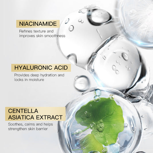 Cosmetic ingredients with water droplets and a green leaf, labeled Niacinamide, Hyaluronic Acid, and Centella Asiatica Extract.