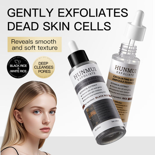 Hunmui exfoliating products with a model and text about skin benefits on a white background