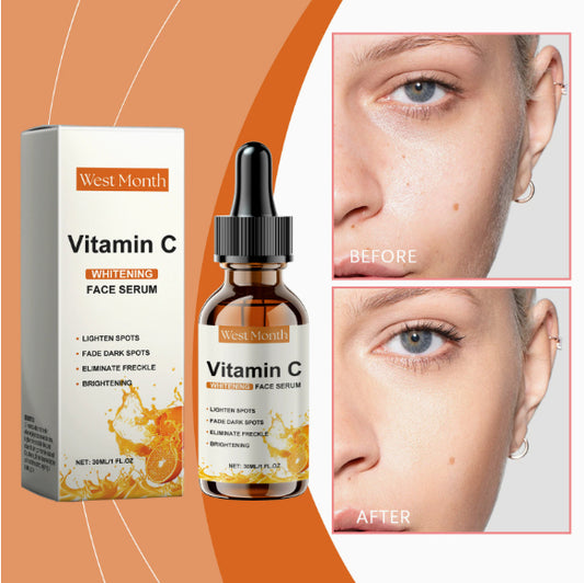 West Month Vitamin C Whitening Face Serum with packaging and before-and-after effects on skin.