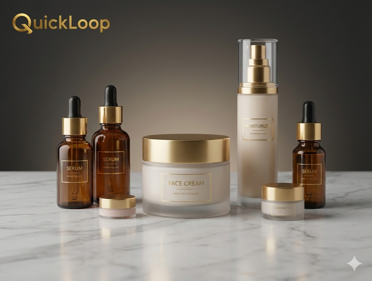 Skincare products including bottles and jars on a marble surface with a dark background.