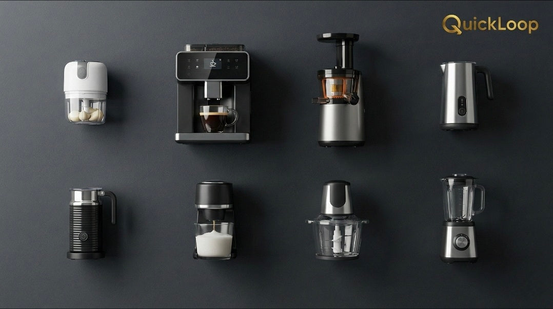 Collection of kitchen appliances on a dark background with 'QuickLoop' branding.