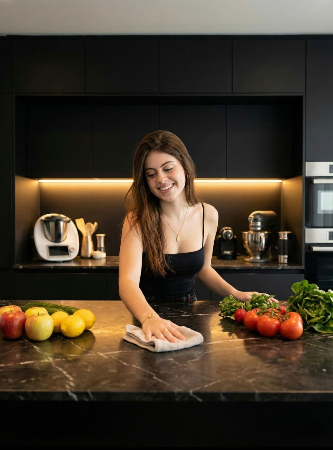 Woman cleaning a kitchen counter with fruits and vegetables around