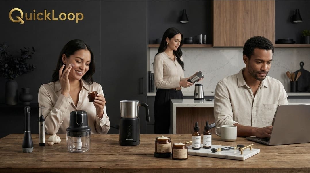 Woman using a coffee maker, man working on laptop, and woman in kitchen with QuickLoop branding.