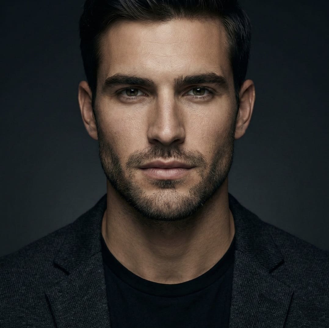 Man wearing a dark suit against a black background