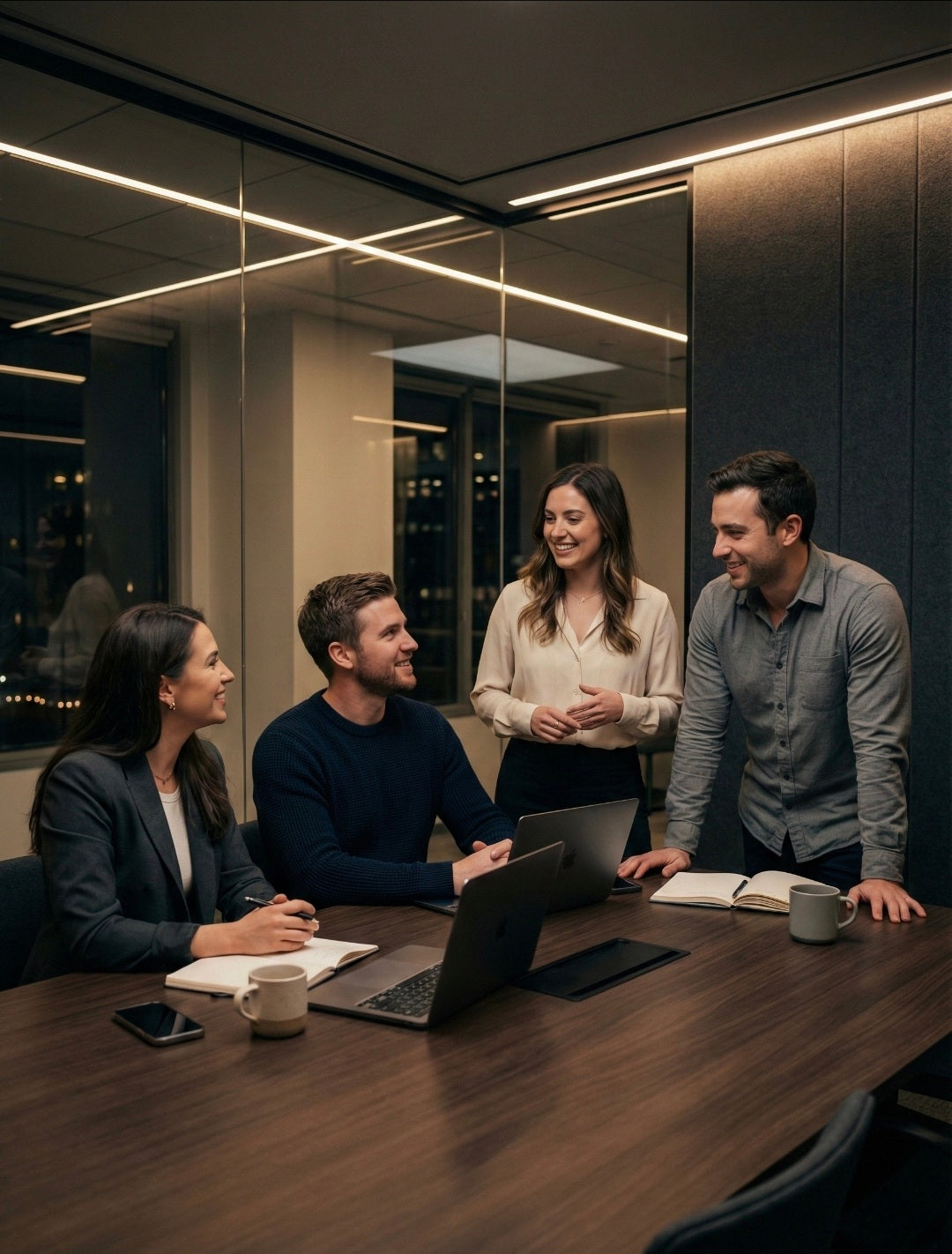Four people in a modern office setting around a conference table with laptops and documents.