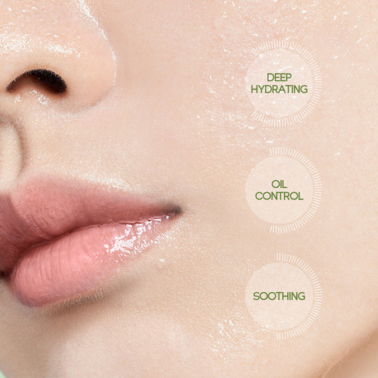 Close-up of a person's face with text indicating 'Deep Hydrating', 'Oil Control', and 'Soothing' on a beige background.
